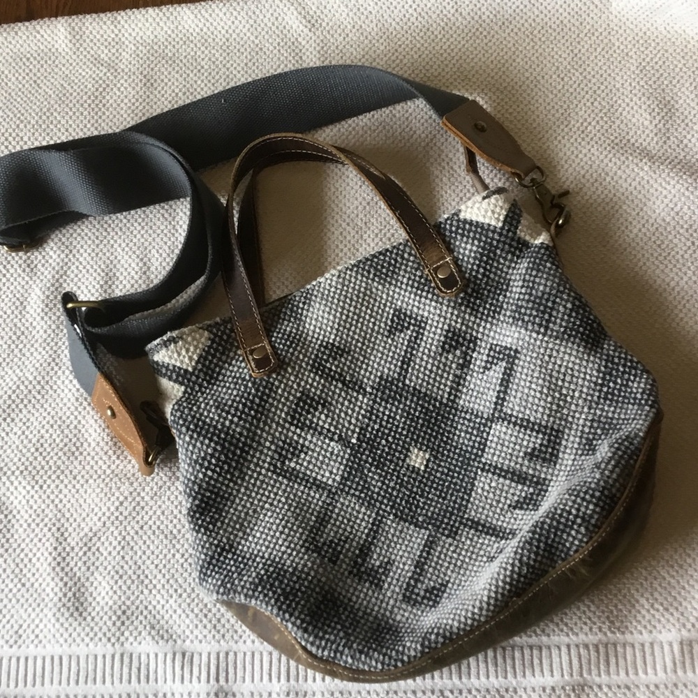 Myra Cream and Gray Printed Fabric with canvas back Lined Handbag